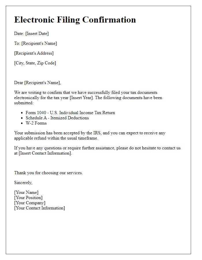 Letter template of electronic filing of tax documents.