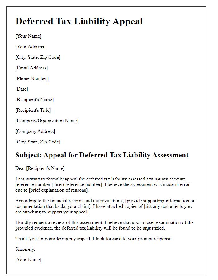 Letter template of deferred tax liability appeal