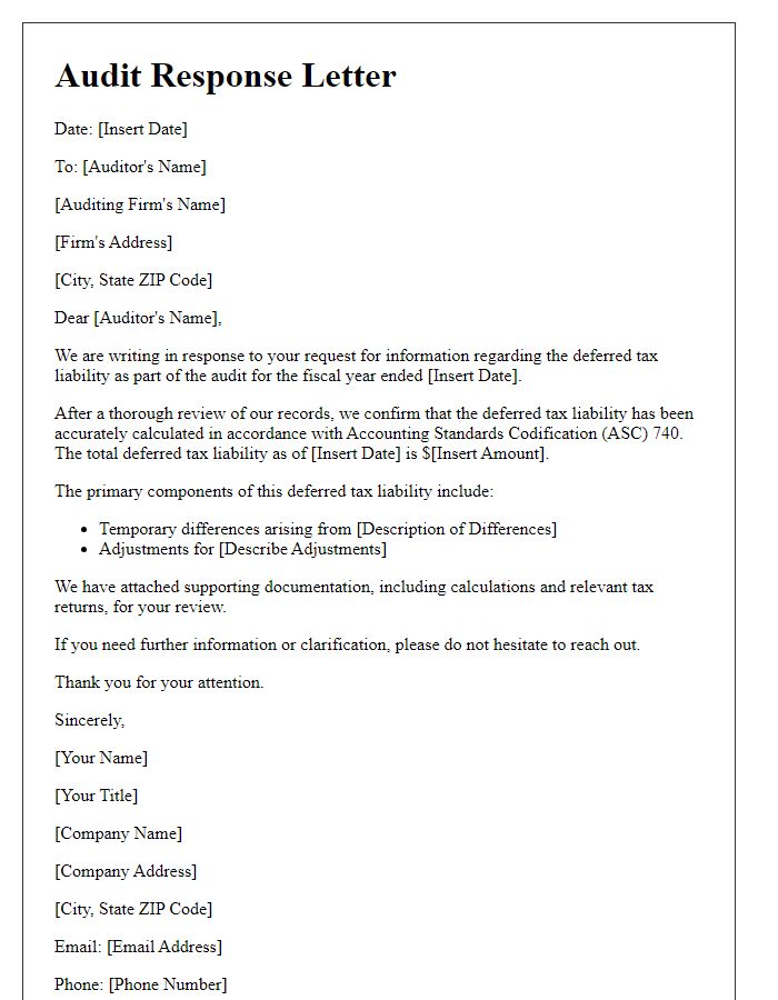 Letter template of deferred tax liability audit response