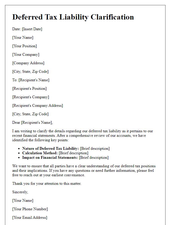 Letter template of deferred tax liability clarification