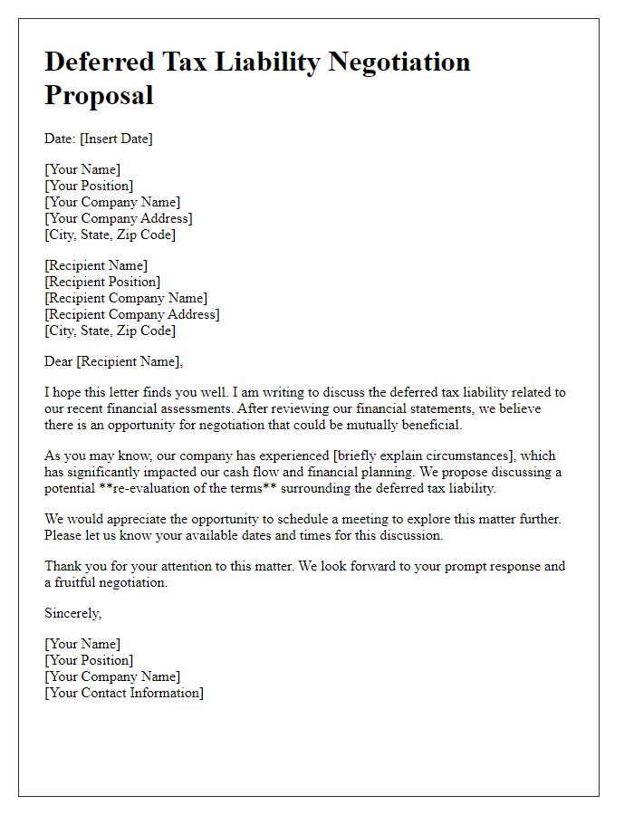 Letter template of deferred tax liability negotiation proposal