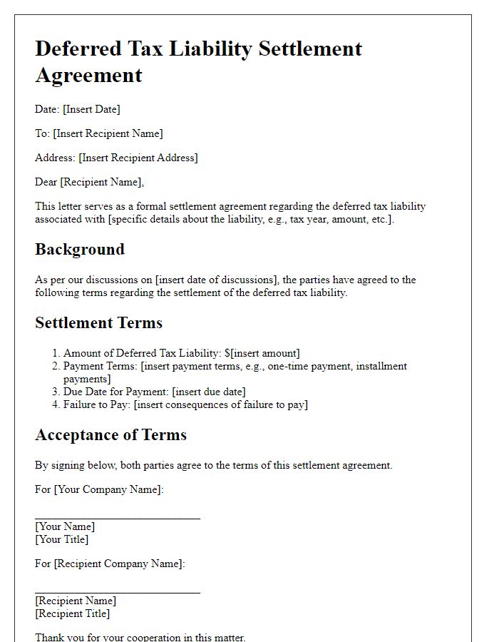 Letter template of deferred tax liability settlement agreement