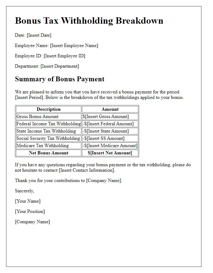 Letter template of bonus tax withholding breakdown for annual statements