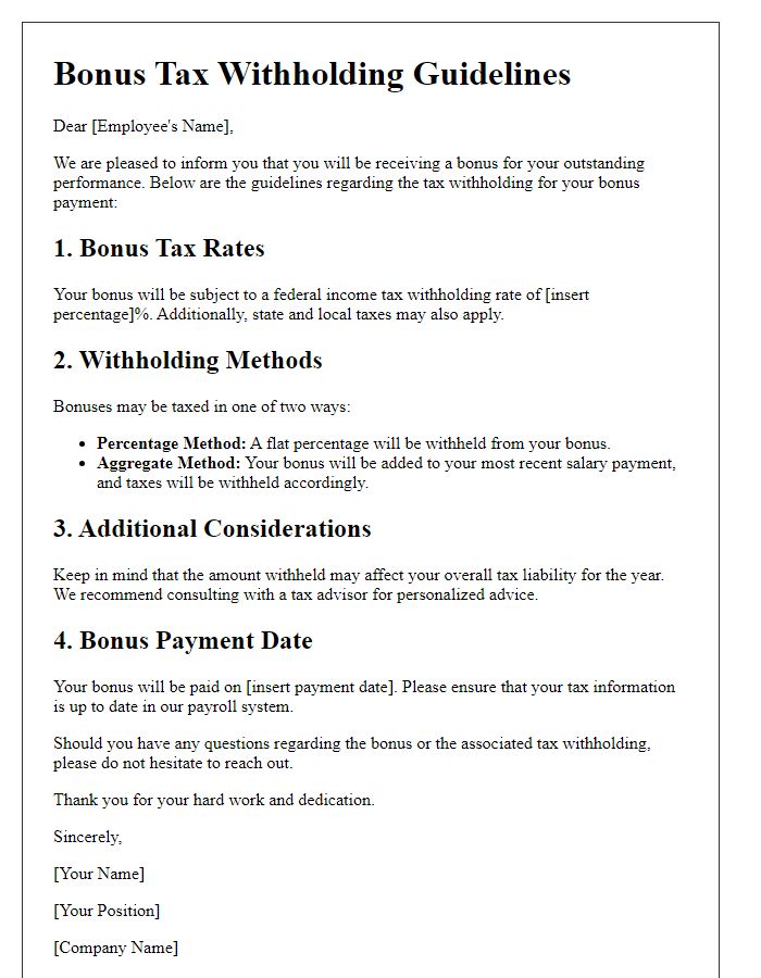 Letter template of bonus tax withholding guidelines for employees