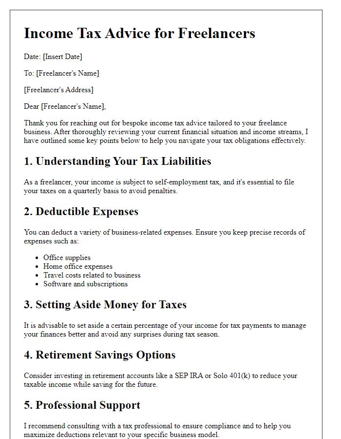 Letter template of bespoke income tax advice for freelancers.