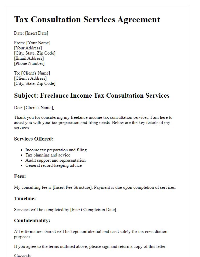 Letter template of freelance income tax consultation services.