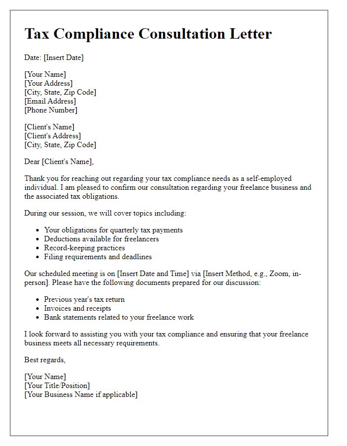 Letter template of freelance tax compliance consultation for self-employed individuals.