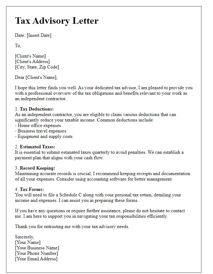 Letter template of professional freelance tax advisory for independent contractors.