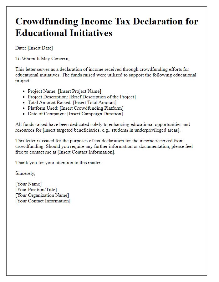 Letter template of crowdfunding income tax declaration for educational initiatives.