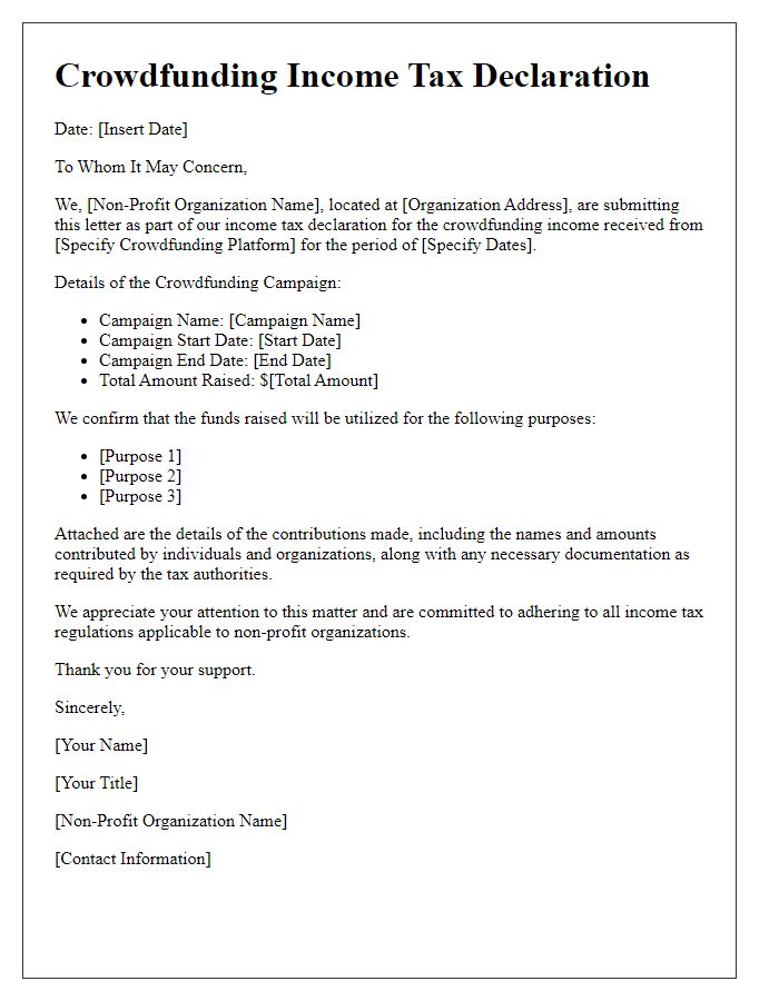 Letter template of crowdfunding income tax declaration for non-profit organizations.