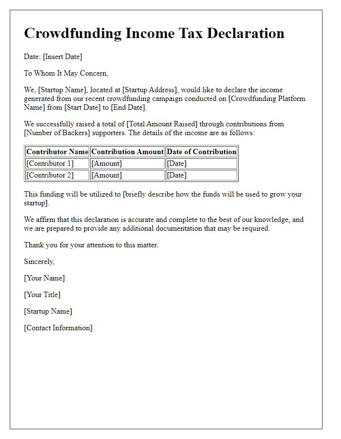 Letter template of crowdfunding income tax declaration for startups.