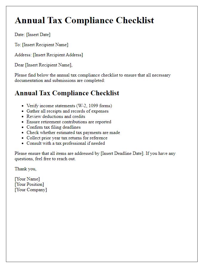 Letter template of annual tax compliance checklist