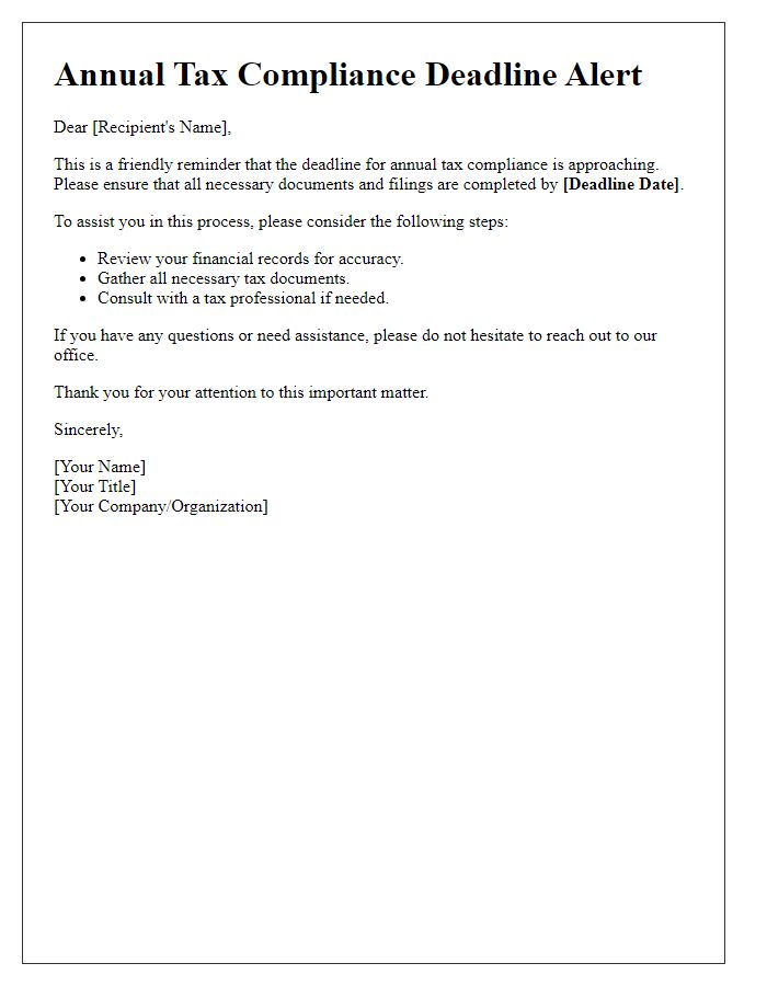 Letter template of annual tax compliance deadline alert