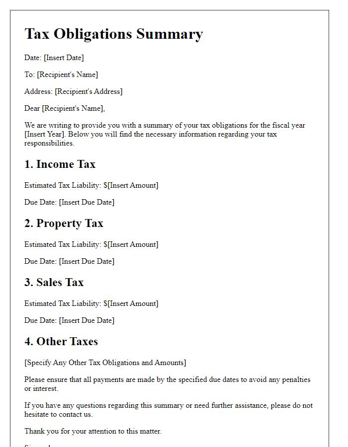 Letter template of tax obligations summary