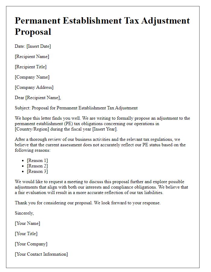 Letter template of permanent establishment tax adjustment proposal