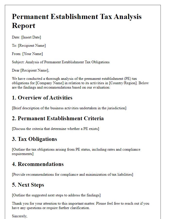 Letter template of permanent establishment tax analysis report