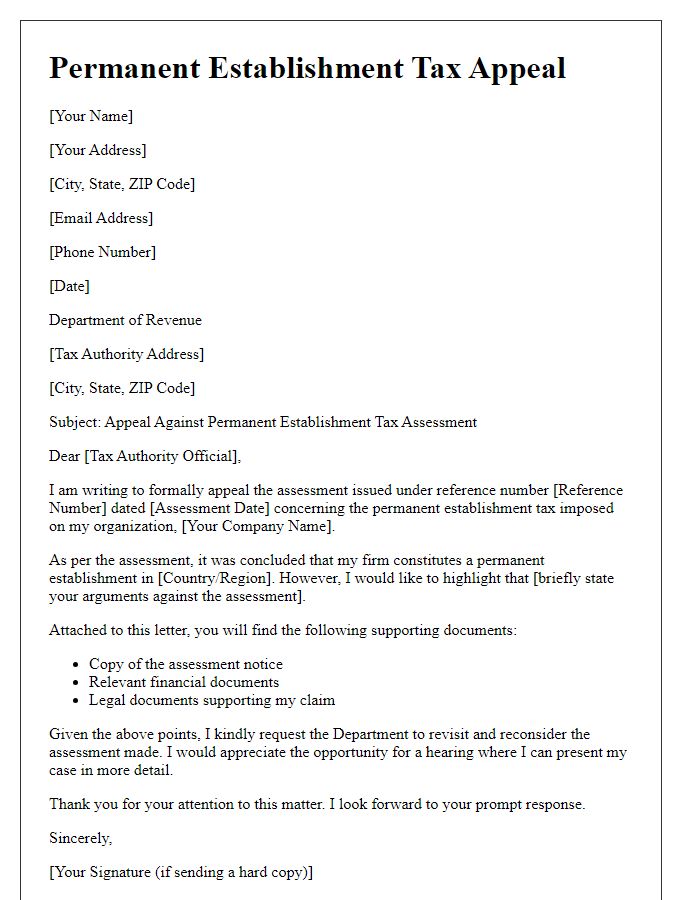 Letter template of permanent establishment tax appeal