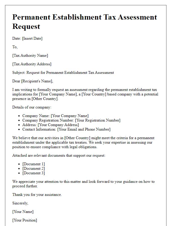 Letter template of permanent establishment tax assessment request