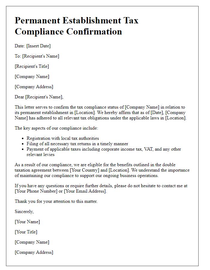 Letter template of permanent establishment tax compliance confirmation