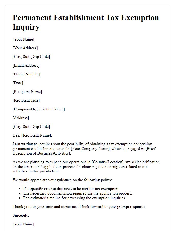 Letter template of permanent establishment tax exemption inquiry