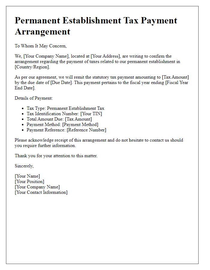 Letter template of permanent establishment tax payment arrangement