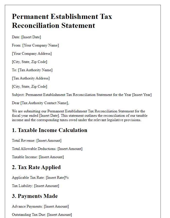 Letter template of permanent establishment tax reconciliation statement