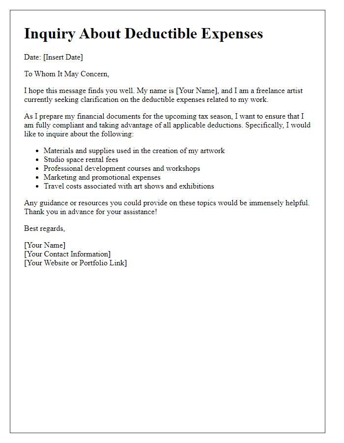 Letter template of freelance artist deductible expenses inquiry