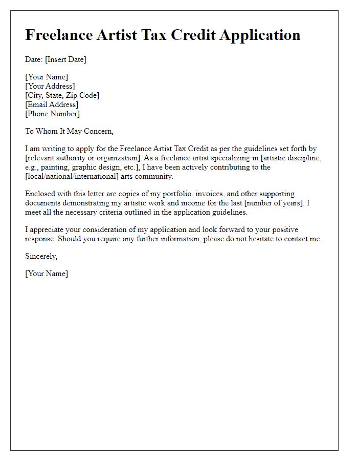 Letter template of freelance artist tax credit application