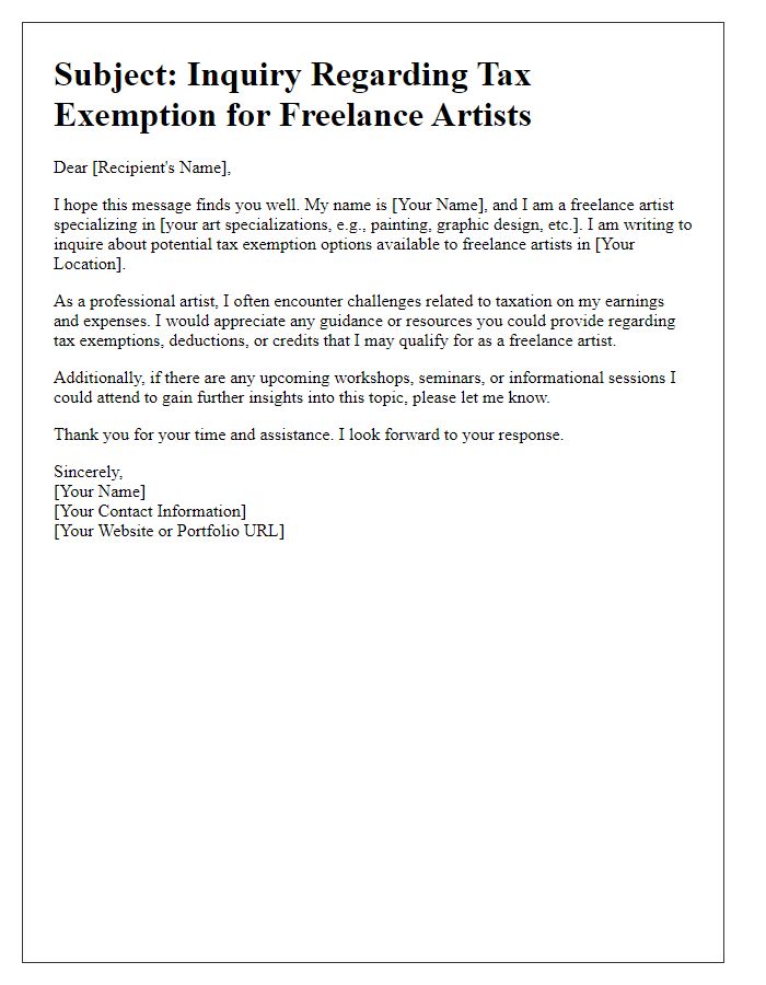 Letter template of freelance artist tax exemption question