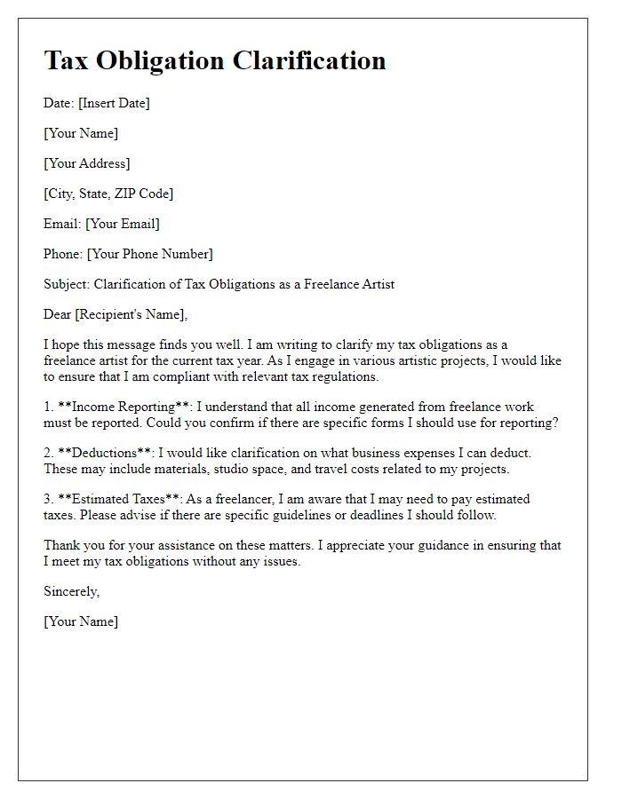 Letter template of freelance artist tax obligations clarification