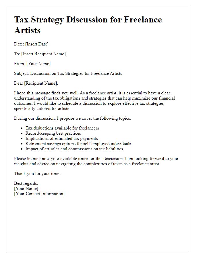 Letter template of freelance artist tax strategy discussion