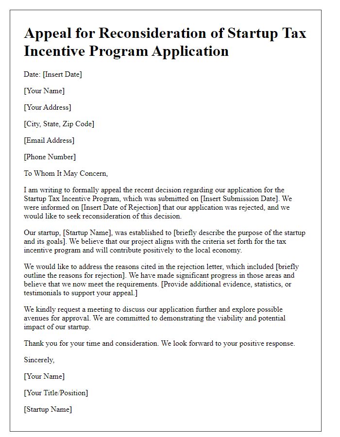 Letter template of appeal for startup tax incentive program rejection