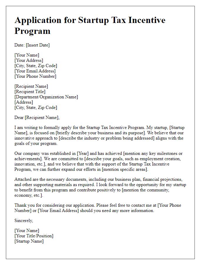 Letter template of application for startup tax incentive program