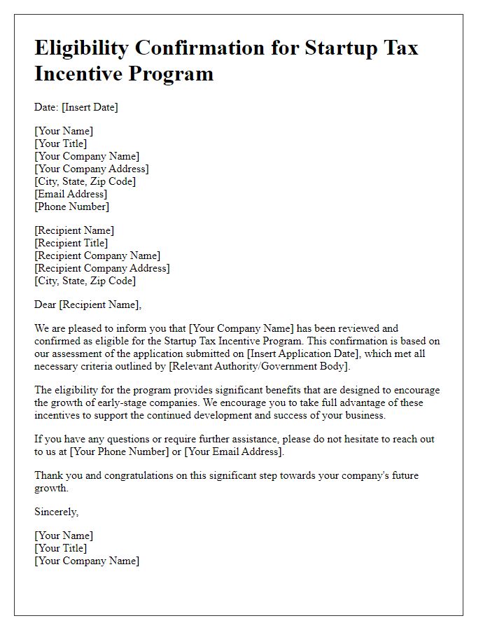 Letter template of eligibility confirmation for startup tax incentive program