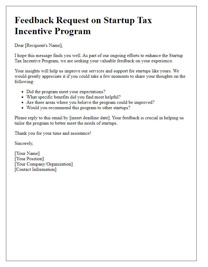 Letter template of feedback request for startup tax incentive program