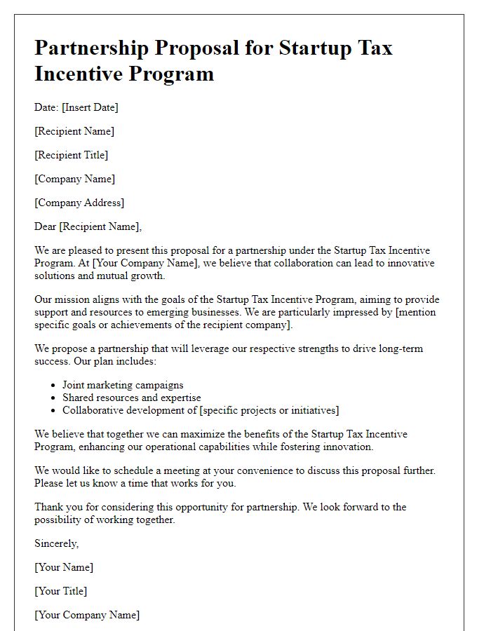 Letter template of partnership proposal for startup tax incentive program