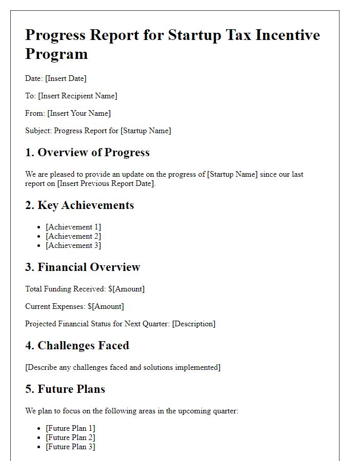 Letter template of progress report for startup tax incentive program