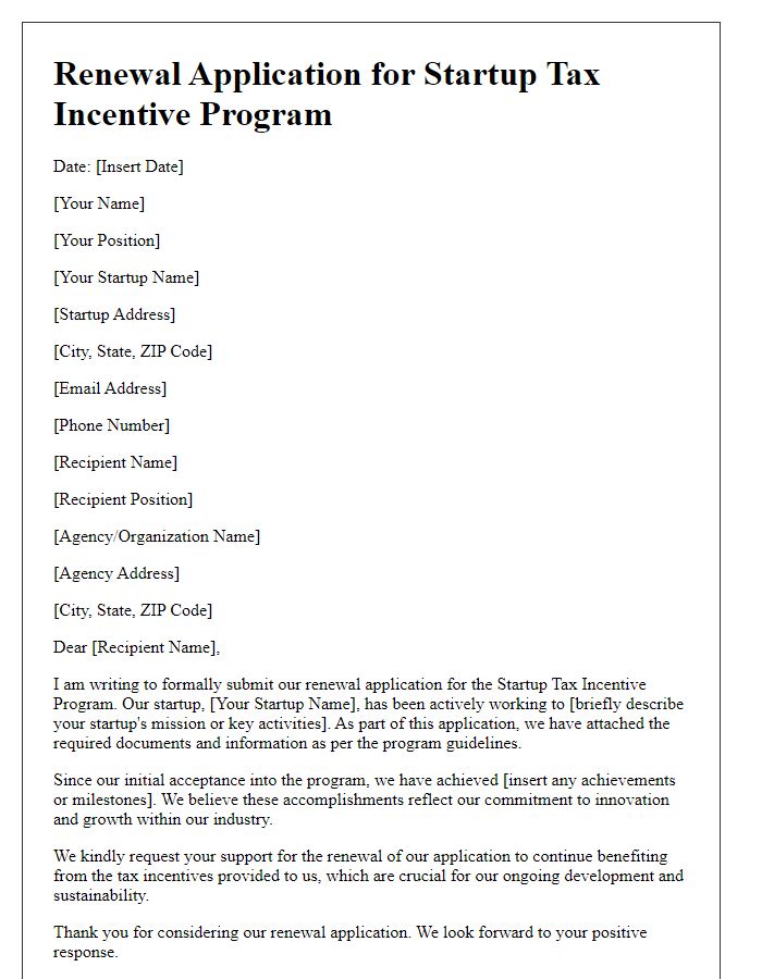 Letter template of renewal application for startup tax incentive program