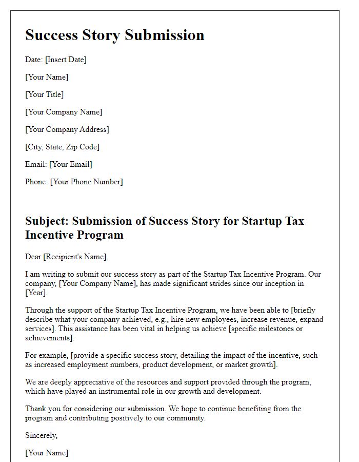 Letter template of success story submission for startup tax incentive program