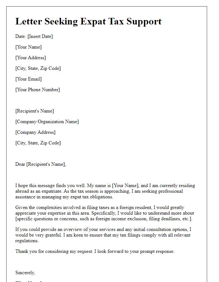 Letter template of Seeking Expat Tax Support