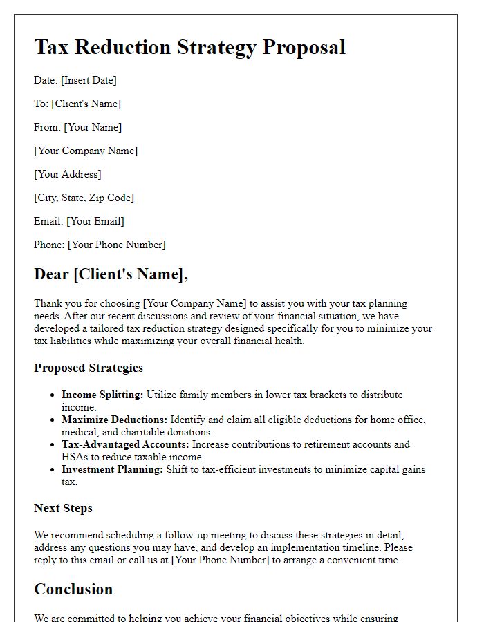 Letter template of tailored tax reduction strategy