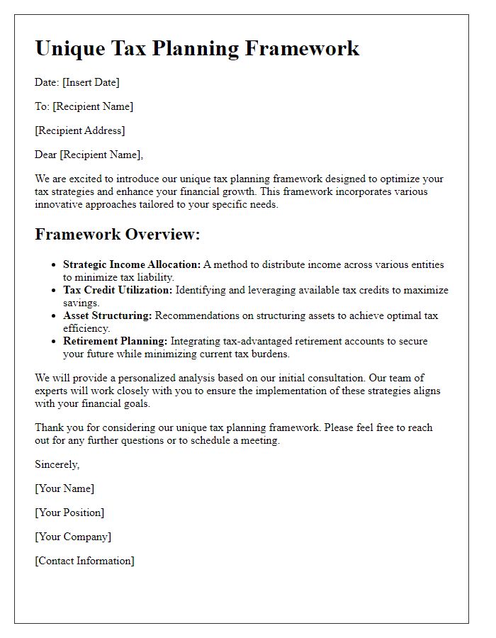 Letter template of unique tax planning framework