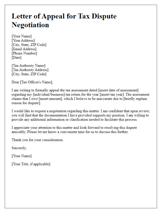 Letter template of appeal for tax dispute negotiation