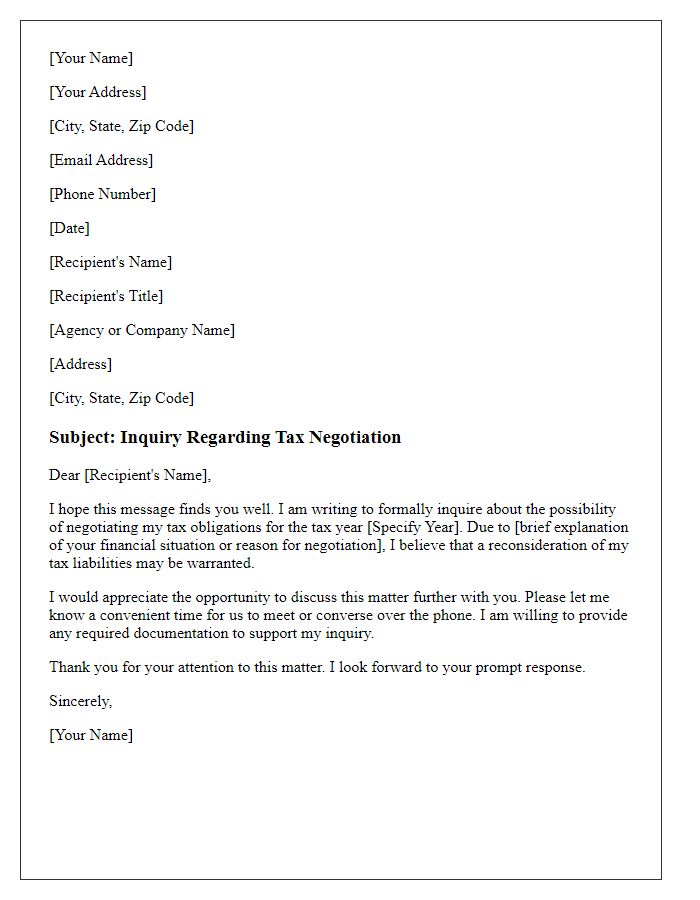 Letter template of formal tax negotiation inquiry