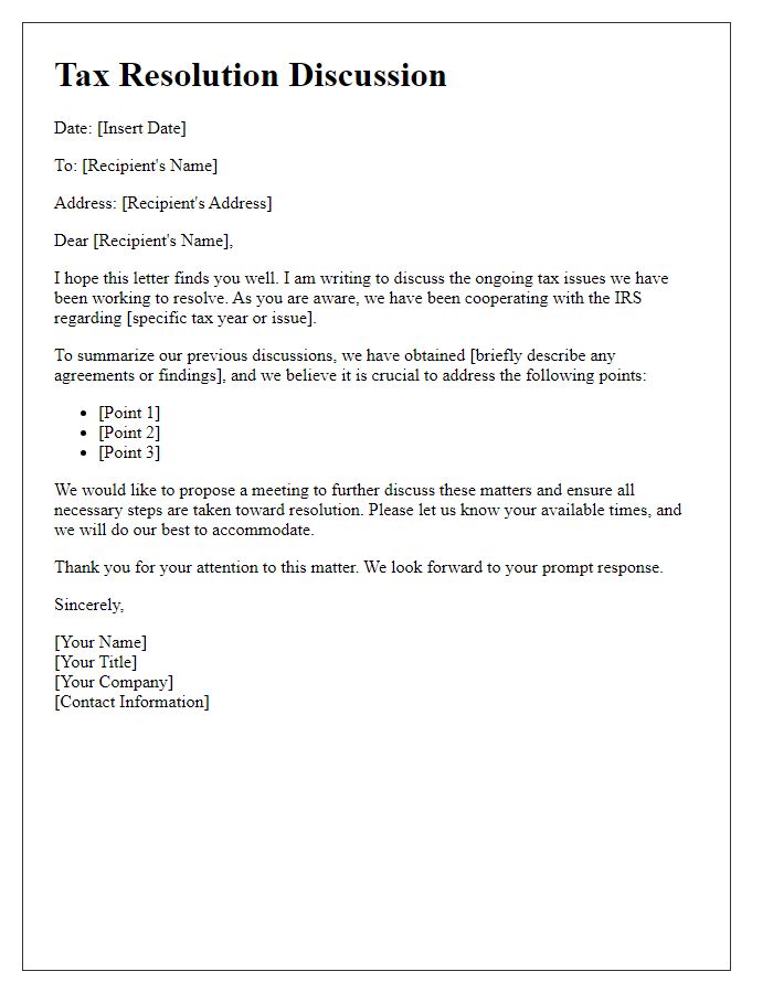 Letter template of tax resolution discussion