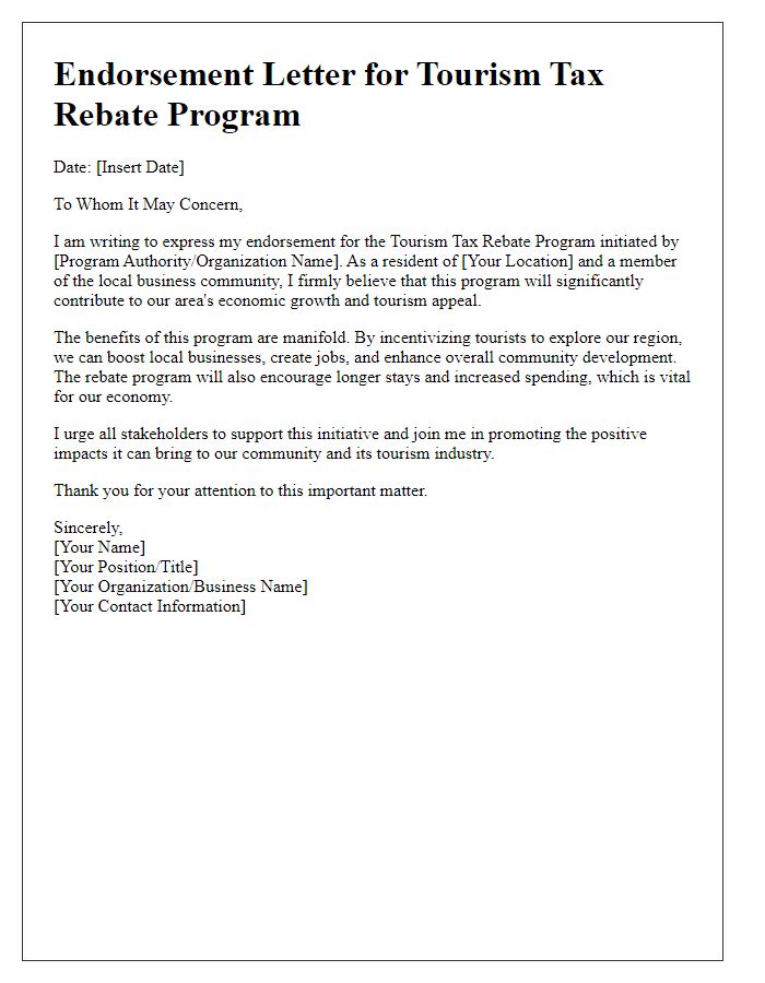 Letter template of endorsement for tourism tax rebate program