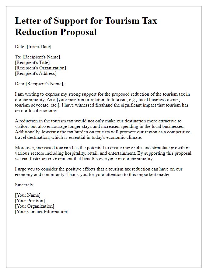 Letter template of support for tourism tax reduction proposal