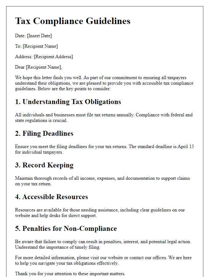 Letter template of accessible tax compliance guidelines.