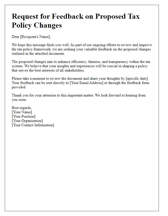 Letter template of feedback request on tax policy changes.