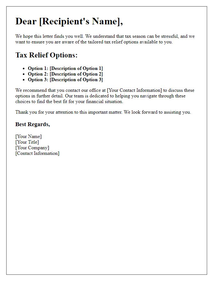 Letter template of tailored tax relief options.